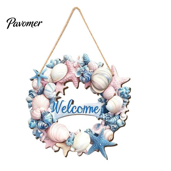Patio Welcome Plaque Summer Coastal Wooden Wreath, Ocean Sign, Starfish Shell Nautical Hanging Sign Front Door Hanger for Porch, Indoor, Outdoor, Wall