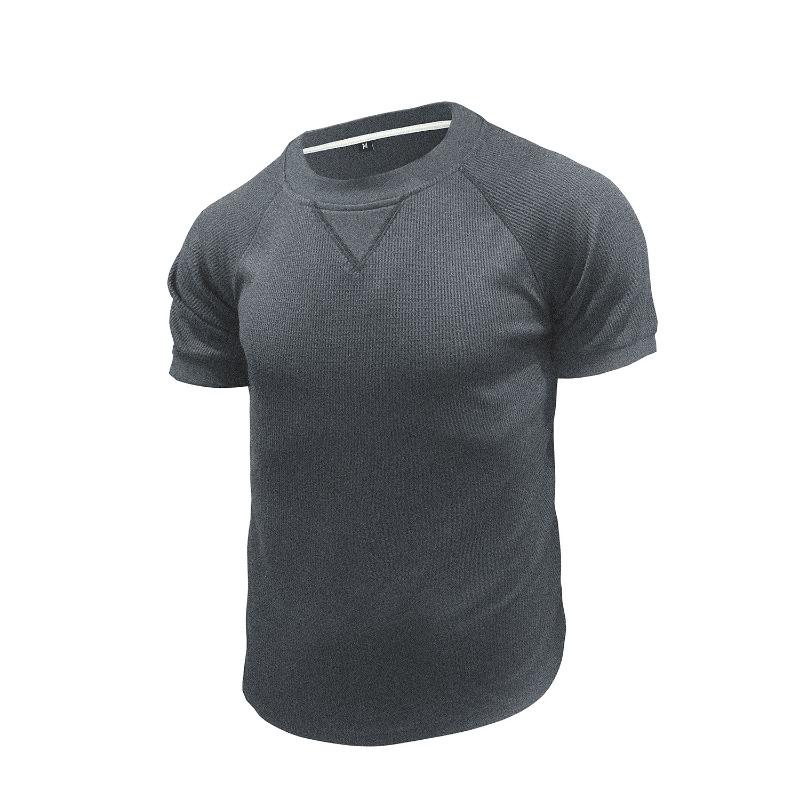 Men Solid Waffle Crew Neck Short Sleeve Loose Casual T Shirt