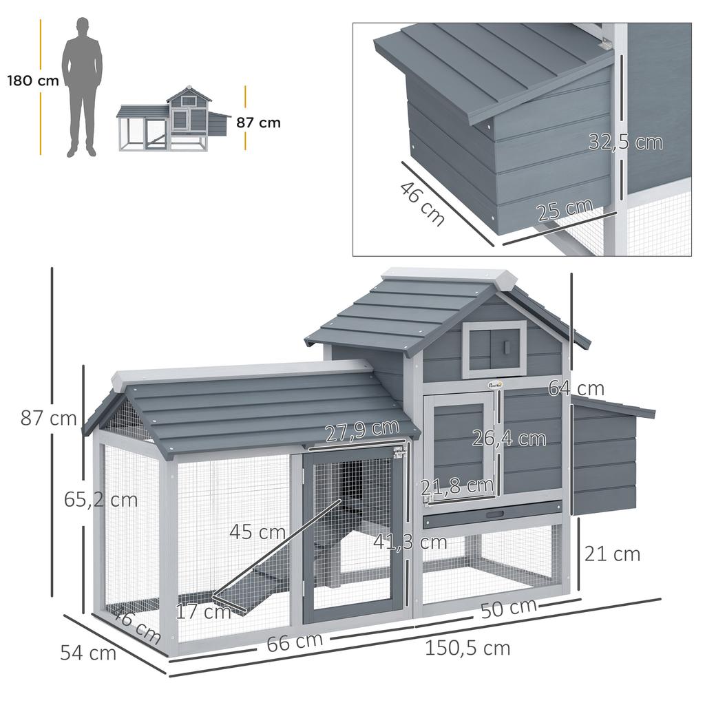 Dwarf chicken coop with run nesting box removable floor tray 150.5 cm x 54 cm x 87 cm natural wood gray