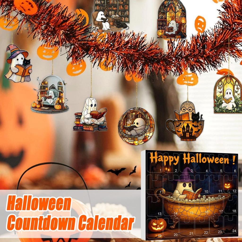 Halloween Ghost Advent 24 Days 2D Acrylic Reading Ghost Ornament Advent 2025 Spooky Charm For Kids Bookshelf Wall Window Bedroom