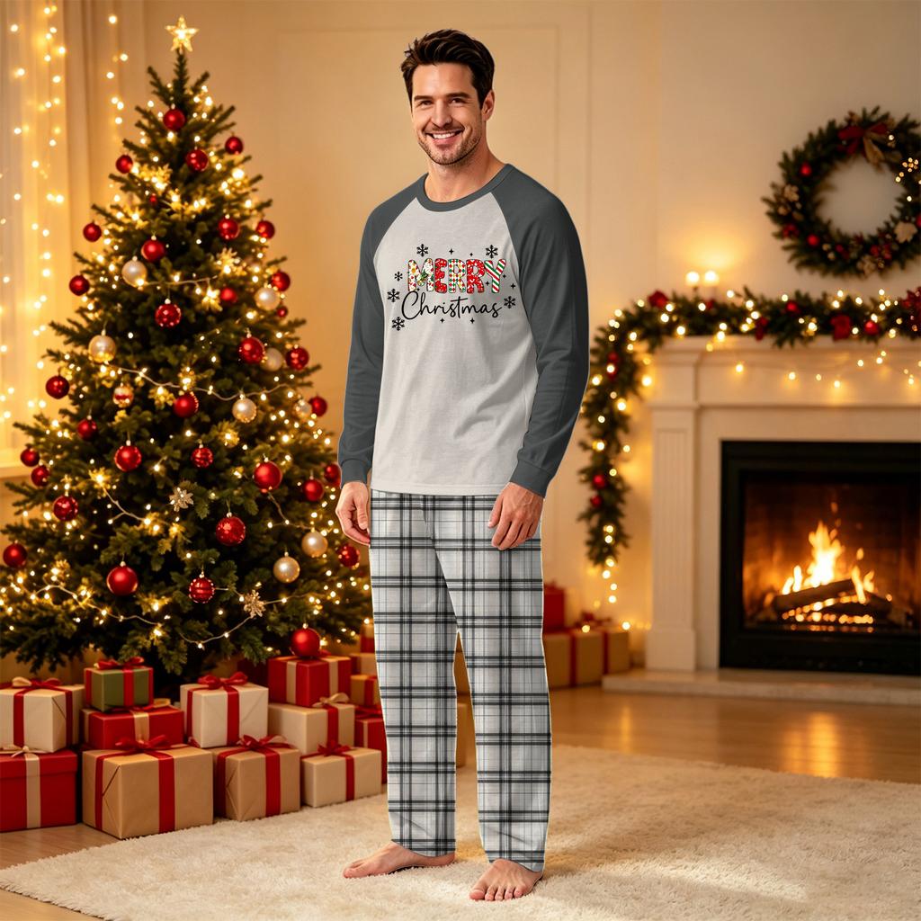 Christmas Print Family Matching Long Sleeve Pajama Set with Pants for Parents and Kids