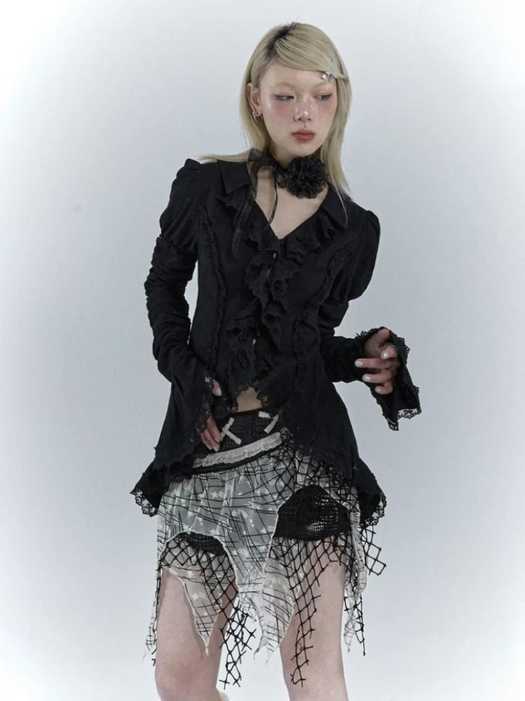 Lolita Vintage Gothic Lace Shirts Women Y2k Dark Aesthetic Irregular Blouses Yamamoto Style Grunge Flare Sleeve Shirt