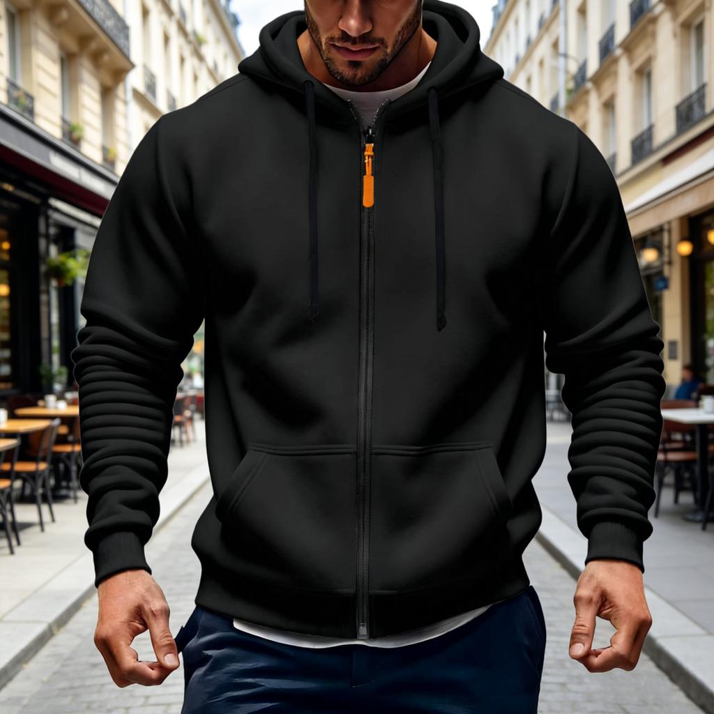 Felpa con cappuccio da uomo invernale foderata con zip, Felpa con cappuccio casual spessa, Giacca