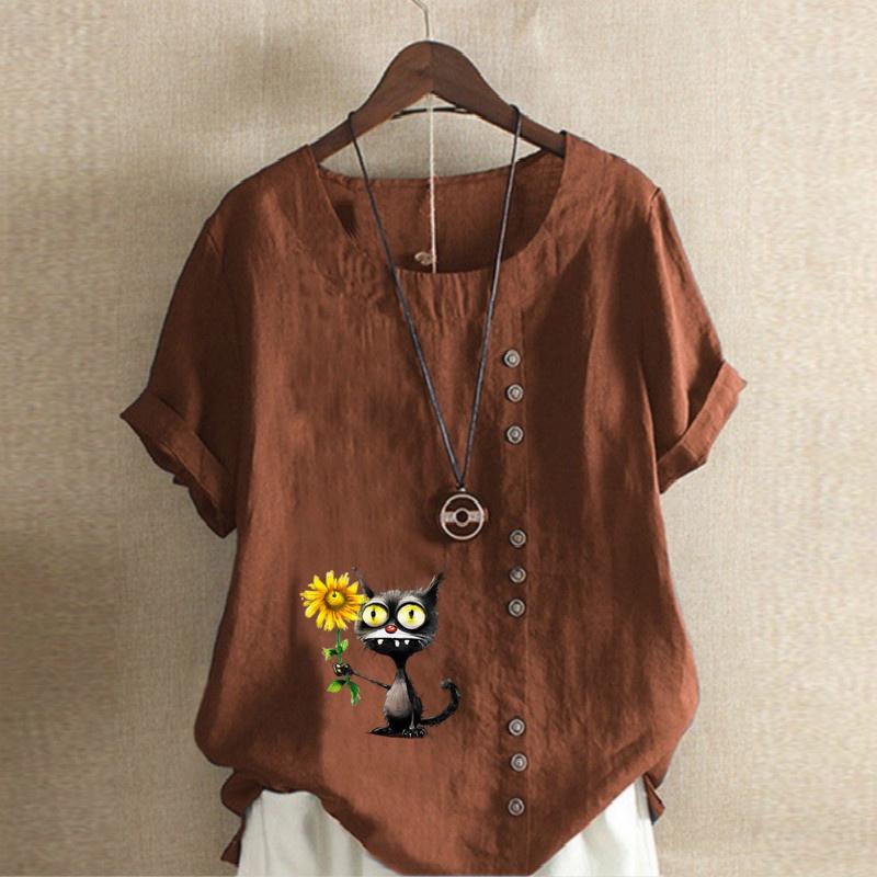 Women's Fashion Sunflower Black Cat Prined Short Sleeve T-shirt Loose Cotton Shirt Casual Loose Summer Blouse Tops Plus Size