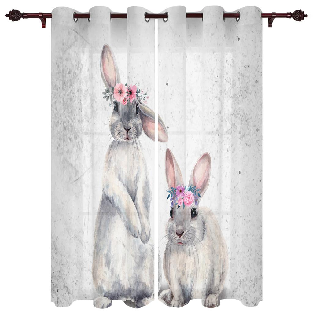 Modern Window Curtains Bunny Rabbit with Flowers Watercolor Luxury Fashion Curtains for Living Room Bedroom Kitchen Drapes