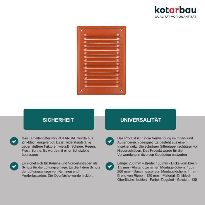 Grille D'aération KOTARBAU 230x165 Mm Grille D'évacuation D'air À Visser Avec Moustiquaire Résistante À La Corrosion Rouge Brique