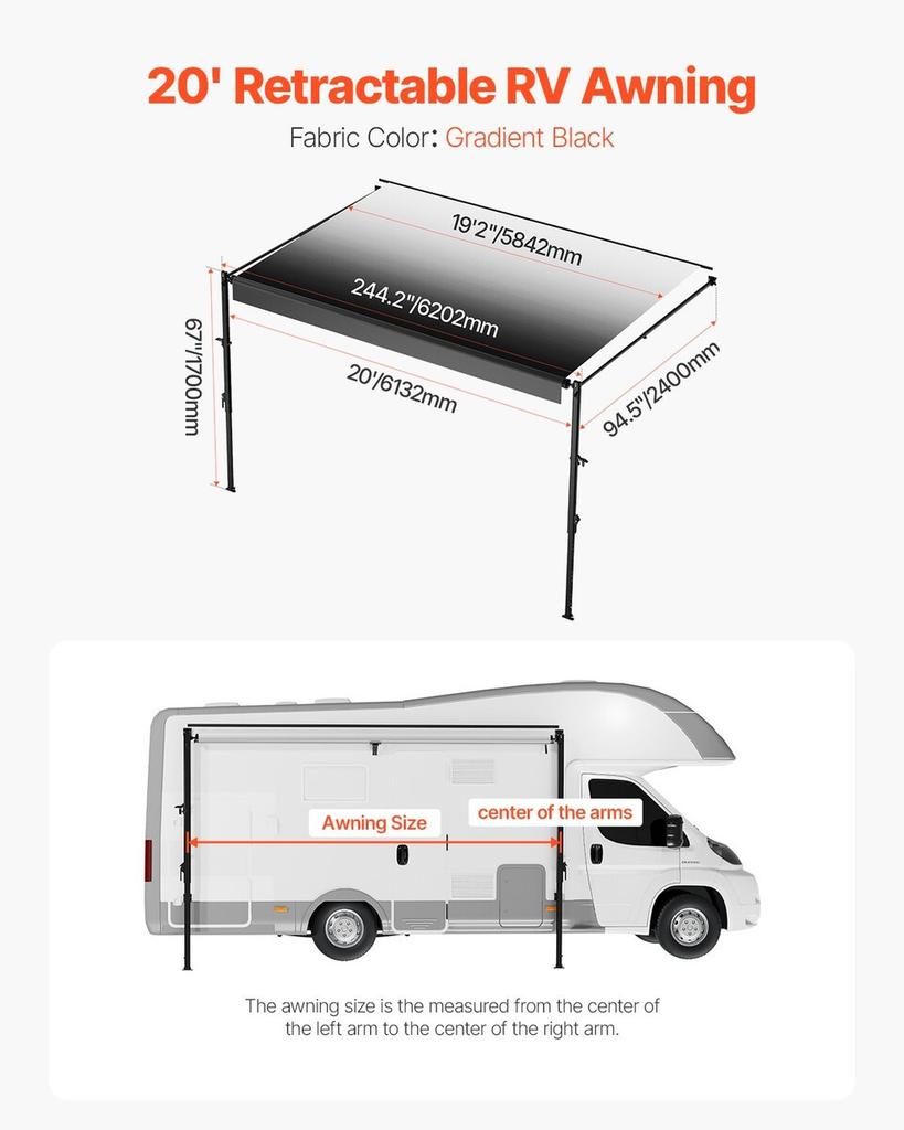 20' RV Replacement Awning Manual Trailer Awning for Most DC12V RVs