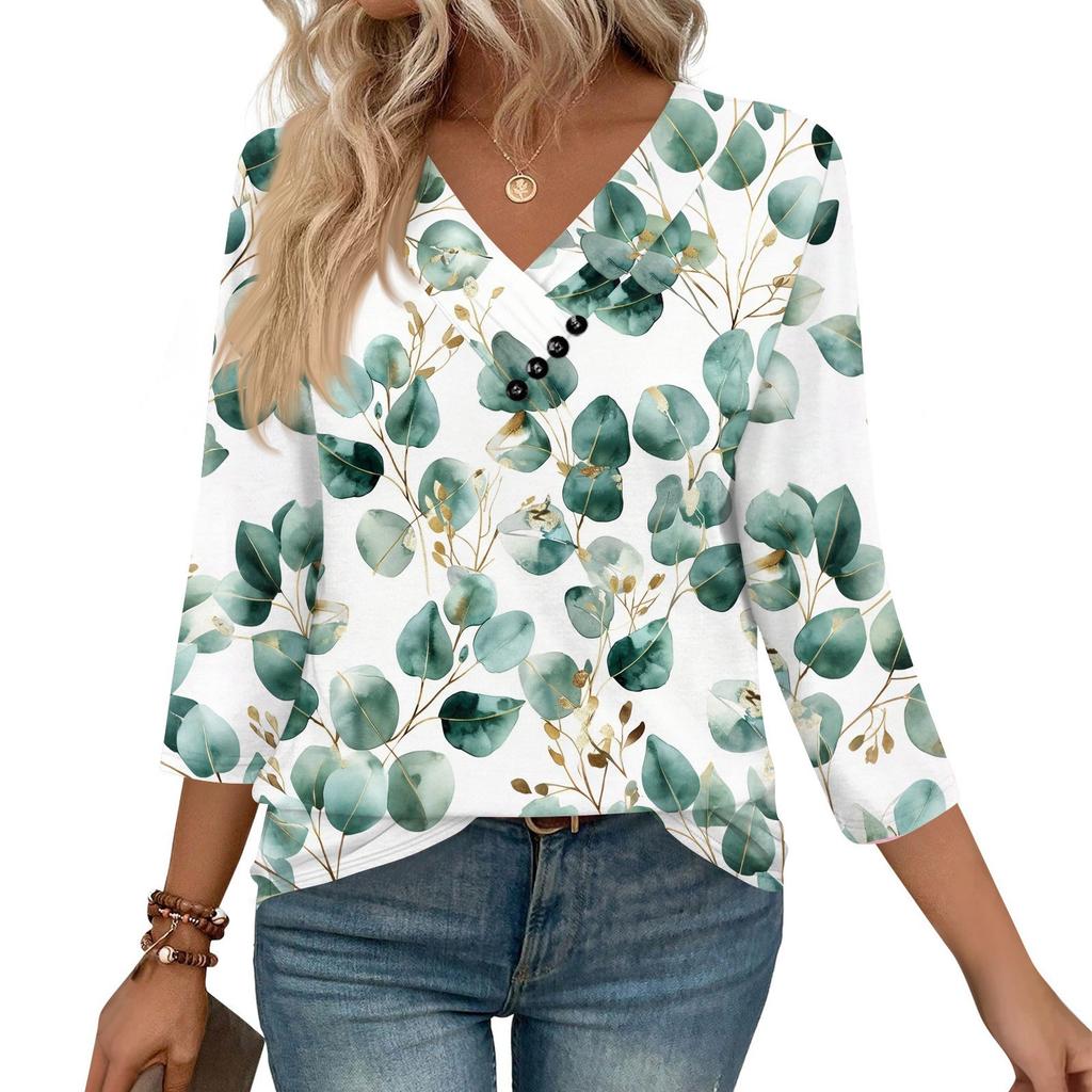 Women's Print Top Button-down V-neck T-shirt 3/4 Sleeve Loose Fashion Top