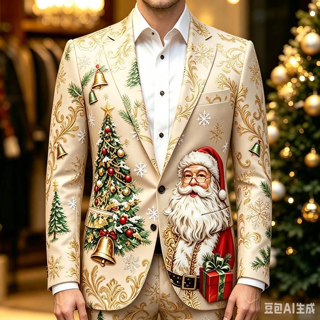 Men's Business Casual Christmas Print Long Sleeve Lapel Jacket No Tie Included
