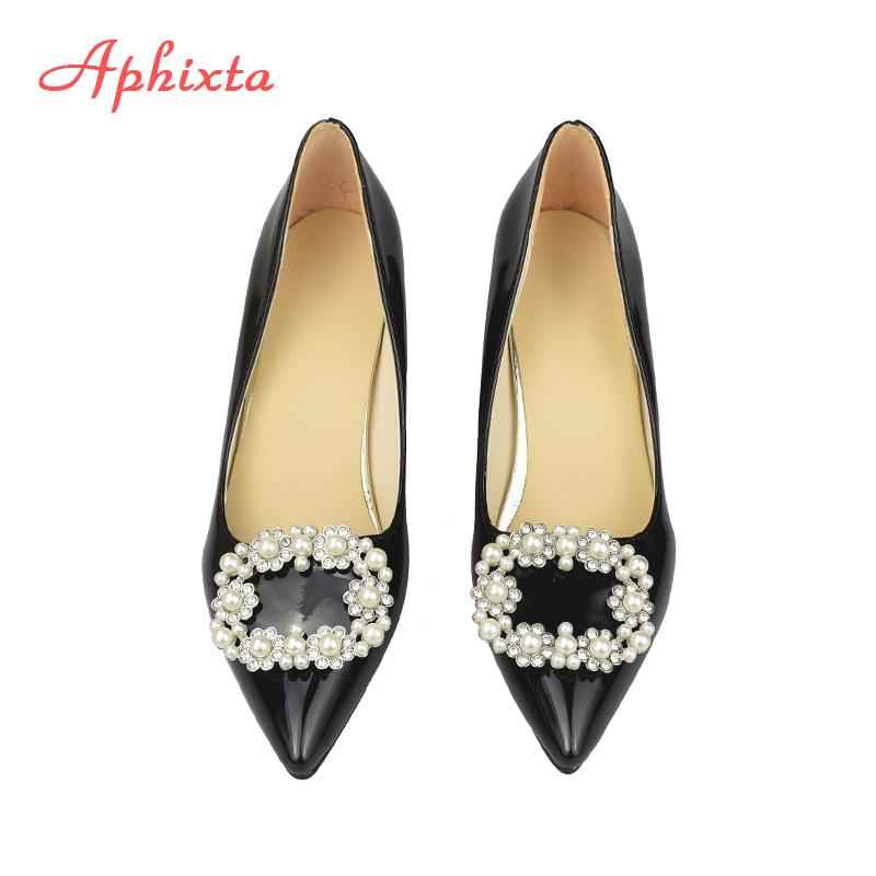Aphixta 7cm 5cm Square Heels Patent Leather Pearl Buckle Shoes Woman Classics Pointed Toe Dress Official Pumps Party Big Size 48