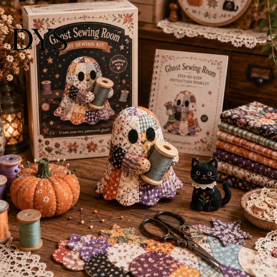 Decorative Ghost Sewing Pattern Halloween Patchwork Kit, Cute Doll DIY Set with Pre-Cut Cozy Fall Art Project Fabrics, Autumn Holiday Craft