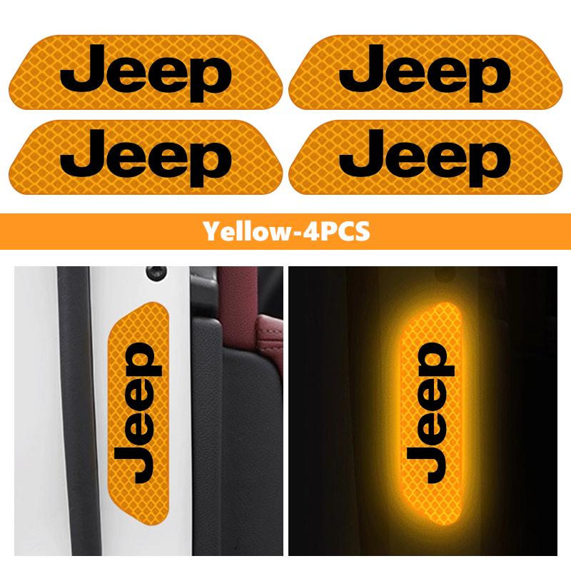 For Jeep 4pcs Car Logo Door Reflective Strips Sticker Security Warning Stickers Accessories Cherokee Wrangler JK Gladiator AJP1