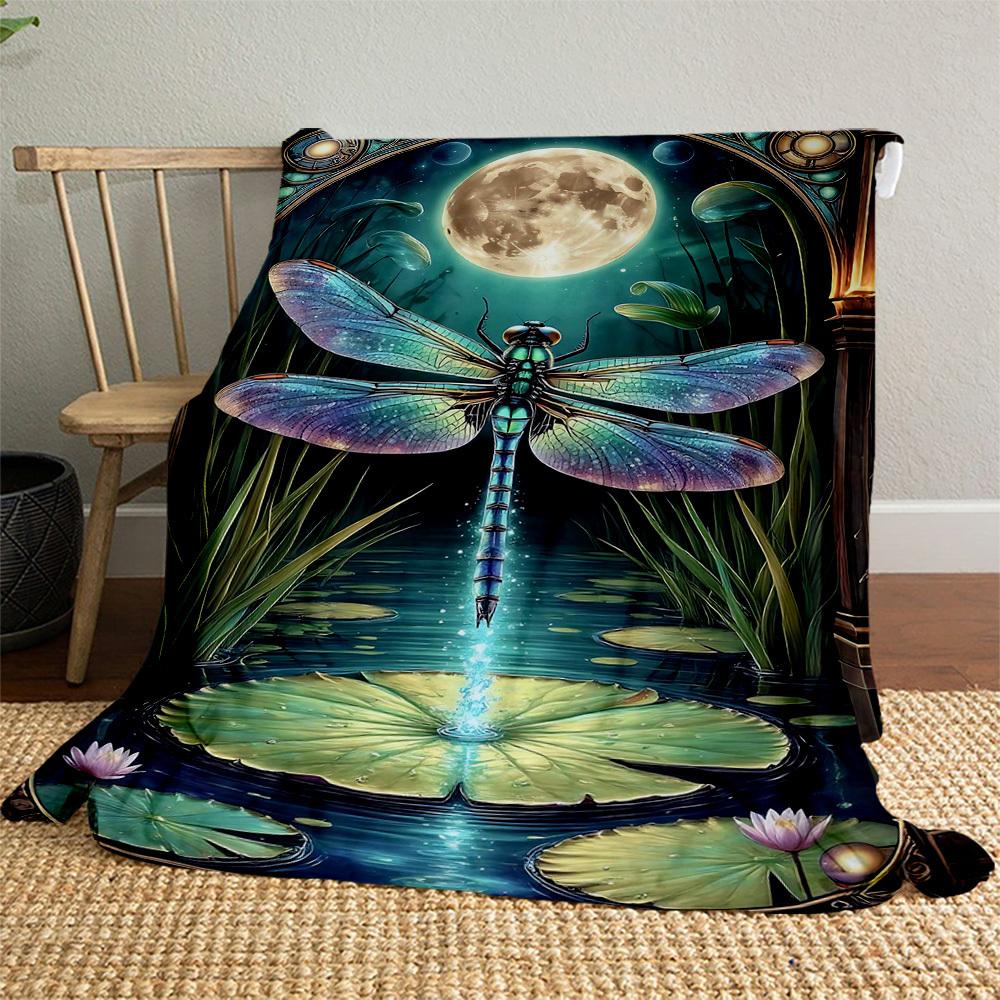 1PC Dragonfly MoonlightOutdoor Flannel Blanket - Soft Plush Decor for Picnics, camping, Bedroom, Playroom, Office, or Lunch Break 1221A