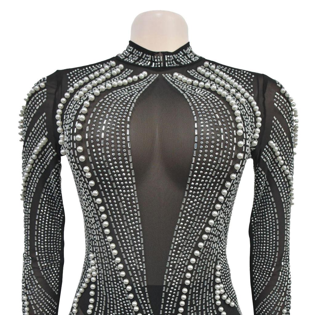 Abito da donna trasparente in rete con strass e perline - Stile europeo americano
