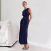 Yousheng Summer Women Dress Knitted Sheath Slim Fit Solid Color Round Neck Elastic Sleeveless Single-breasted Buttons Mid-calf Length Midi Dress