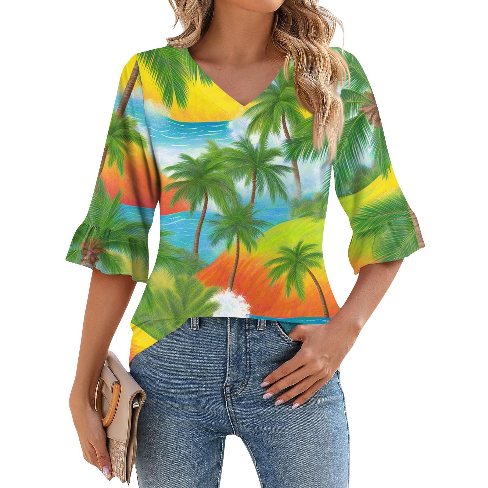 

Женская повседневная футболка с рукавом 3/4, летняя футболка с V-образным вырезом и пышными рукавами, гавайский принт S