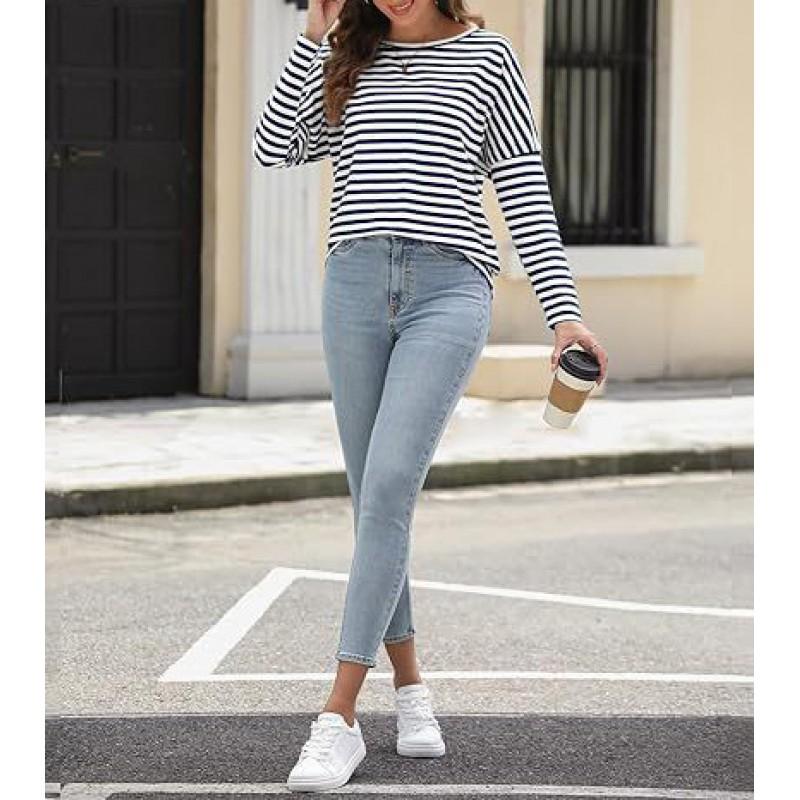Womens Long Sleeve Crew Neck Striped Casual T-Shirt Loose Fit Cotton Blend Fall 2026