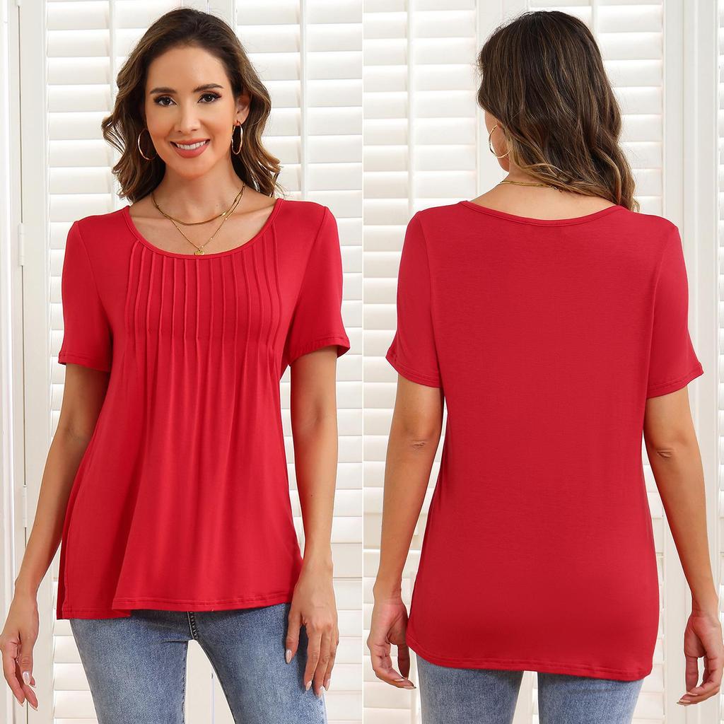 Women’s Shirts Round-neck Short Sleeves Loose Tops Pullover Pleated Stripes T-shirts Solid Color Summer Spring Casual Wear