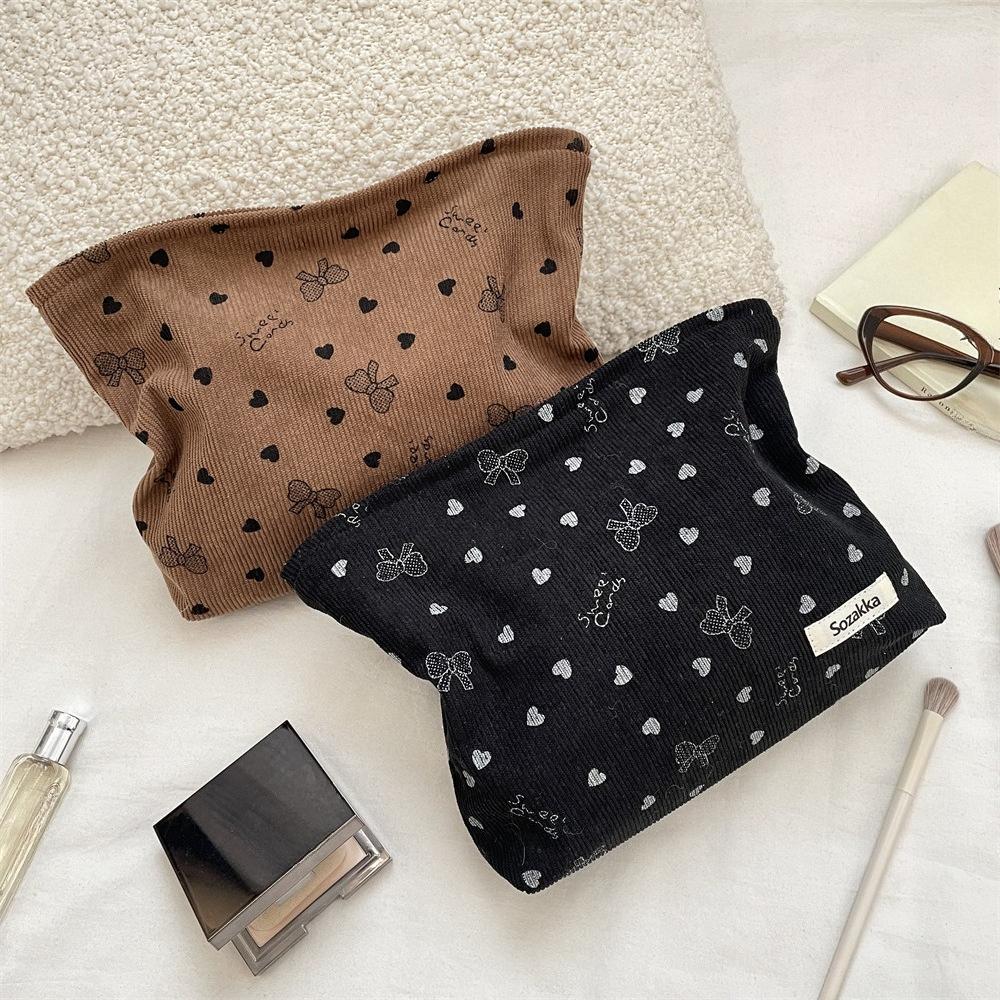 Corduroy Makeup Bag for Women Large Capacity Travel Cosmetic Bag Girl's Make Up Organizer Portable Cute Bow Makeup Pouch