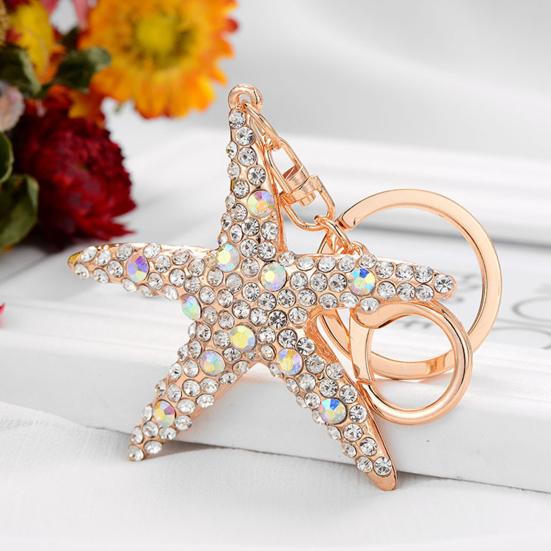 Keychain Sparkling Rhinestones Inlaid Starfish Design Keychain Pendant Enamel Oil Drip Process Smooth Edges Spring Buckle Key Holder Backpacks