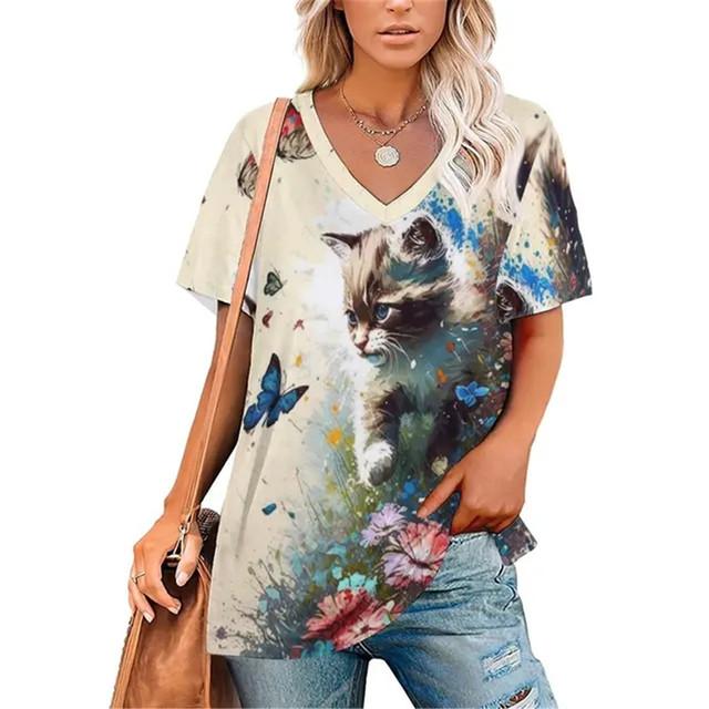 Sexy Katze Blumenmuster V-Ausschnitt Vintage T-Shirt Teenager T-Shirts Unisex Kleidung Vintage Streetwear Alltagsstil Mode Streetwear Y2k Tops