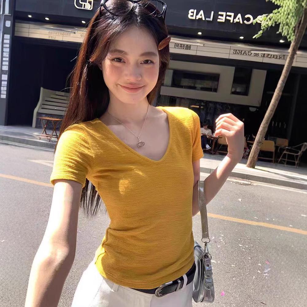 

Женская летняя футболка Jane Manni с V-образным вырезом и короткими рукавами — универсальный и стильный для девушек S (recommended under 100 jin) жёлтый