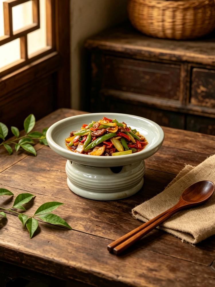 Retro Ceramic Tableware: Earthen Pot with Alcohol Stove for Warming Dishes