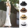 Fashion Men Women Panama Sun Straw Hat Contrast Ribbon Pinched Crown Rolled Trim Beach Cap