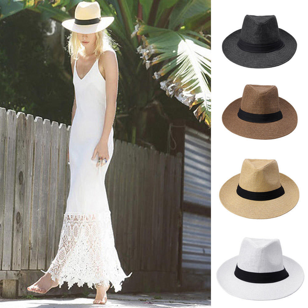 Fashion Men Women Panama Sun Straw Hat Contrast Ribbon Pinched Crown Rolled Trim Beach Cap
