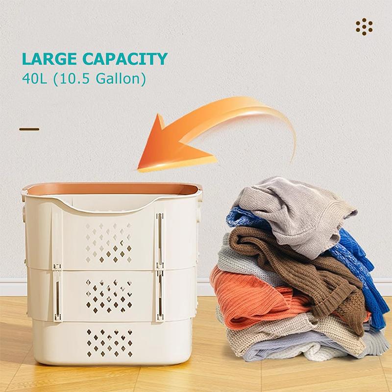 Collapsible Plastic Laundry Basket with Handles and Side Containers - Space-Saving Laundry Basket for Laundry Rooms, Bathrooms,