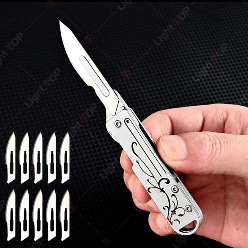 Stainless Steel Mini Pocket Knife Floral Pattern Handle Open Scalpel Knife Replaceable Blades Multifunctional Kitchen Knives