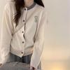Women's Loose Fit Rabbit Embroidery 100% Wool Knit Cardigan - Round Neck, Color Block Design, Age-Reducing Fashion
