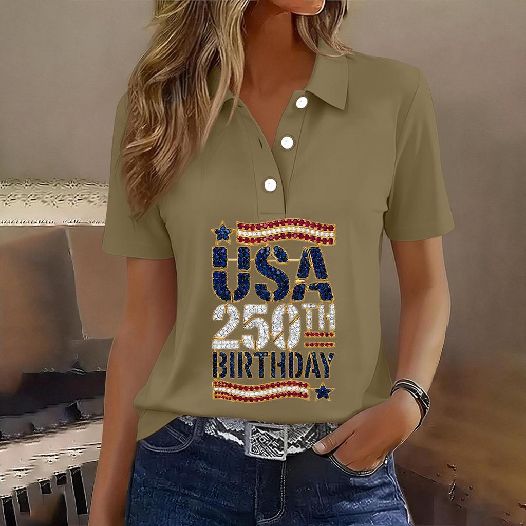 Women's Casual Short Sleeve Button Polo Shirt USA 250th Anniversary Print Relaxed Fit Lightweight Summer Top