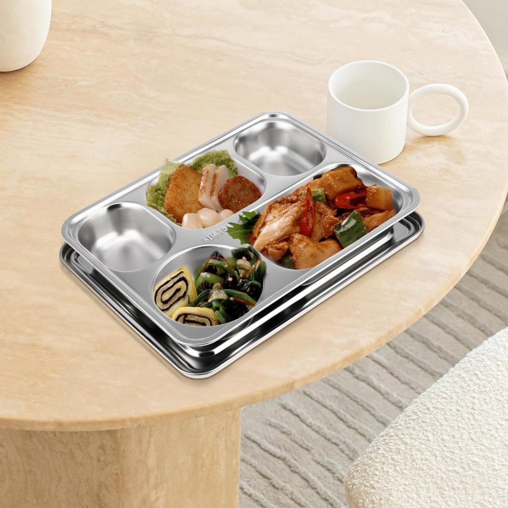 BESTOYARD Stainless Steel Lunch Plate, Divided Plate, Food Tray, Stylish Divided Plate, 5 Compartments (with Lid), Perfect for Camping and BBQ