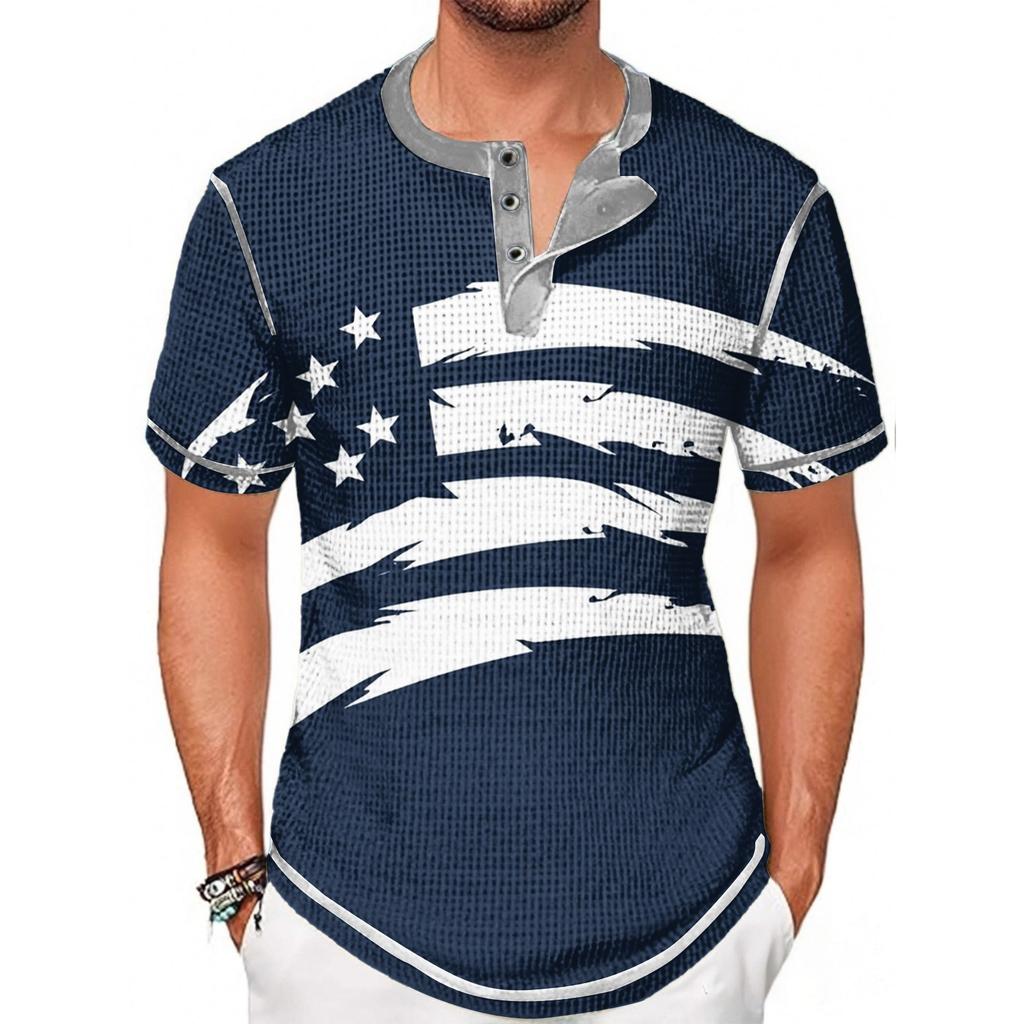 Summer Men's Stand-up Collar Short-sleeved T-shirt With Independence Day Print