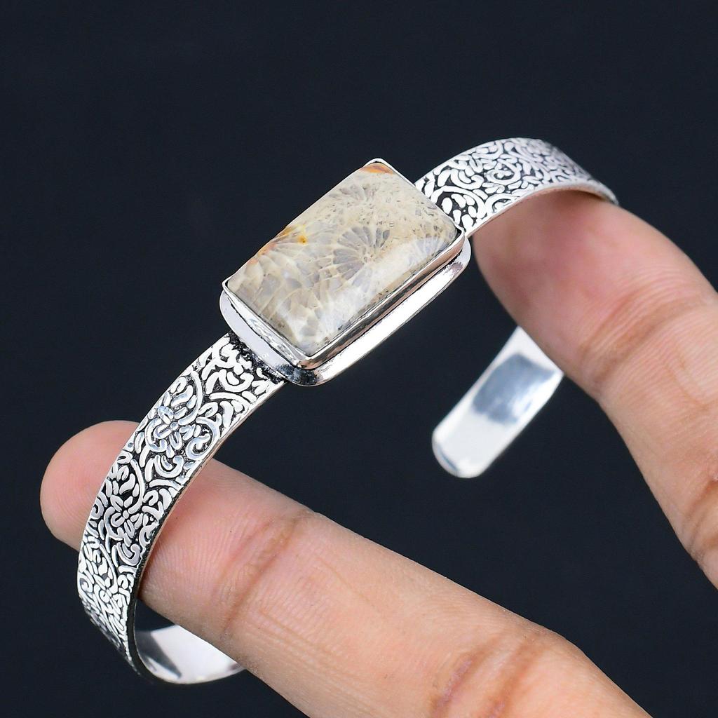 Natural Fossil Coral Gemstone Bangle Adjustable 925 Sterling Silver Jewelry
