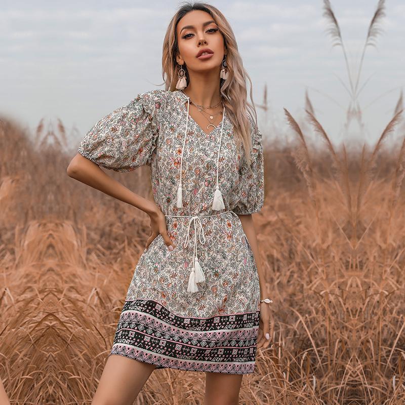 YYFS Dámské ležérní šaty Vintage Bohemia Summer Jarní květinový potisk s krátkým rukávem a výstřihem do V