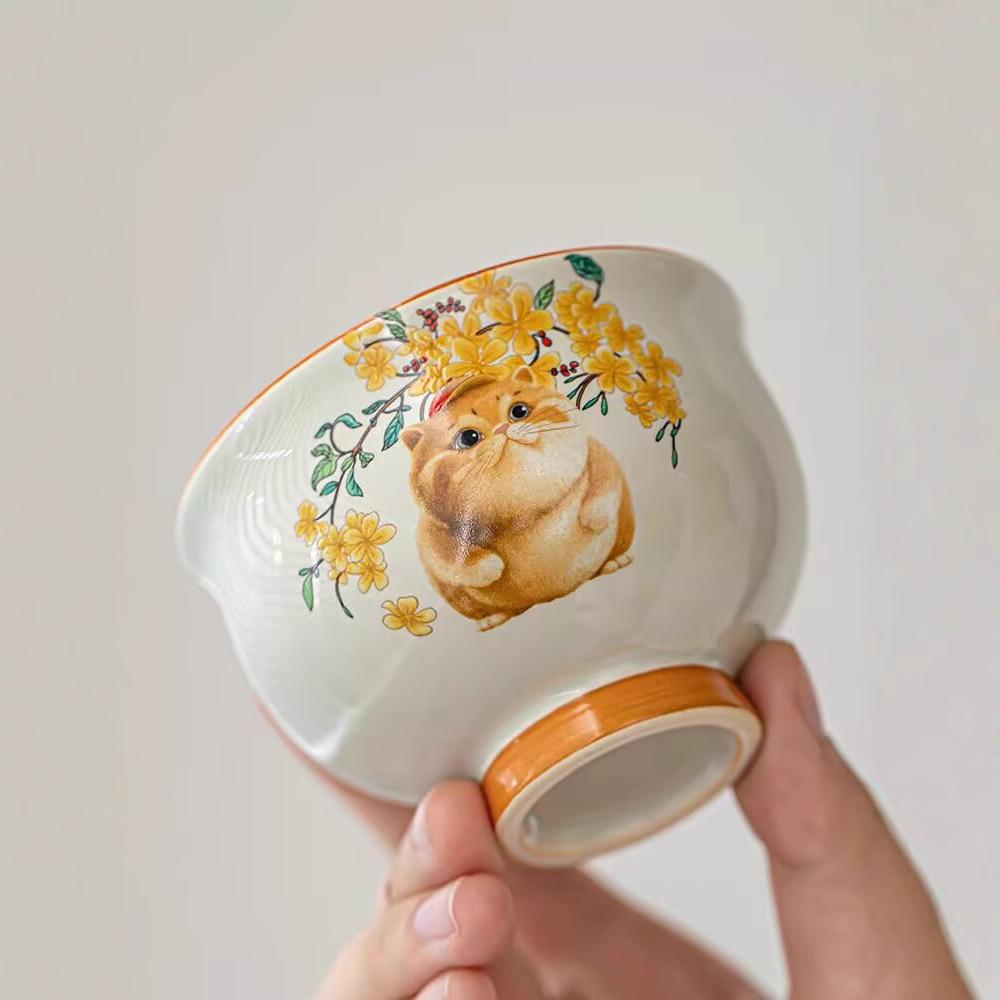Plant Ash Happy Hanhan Cat Teacup Ceramic Household Master Cup Single Cup Tea Kung Fu Tea Set Gift Box Gift