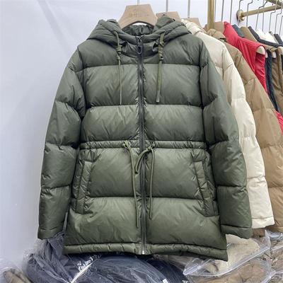 Women's Winter Autumn Hooded White Duck Down Jacket Coat Loose Solid Color Big Pocket Adjustable Waist Down Coat