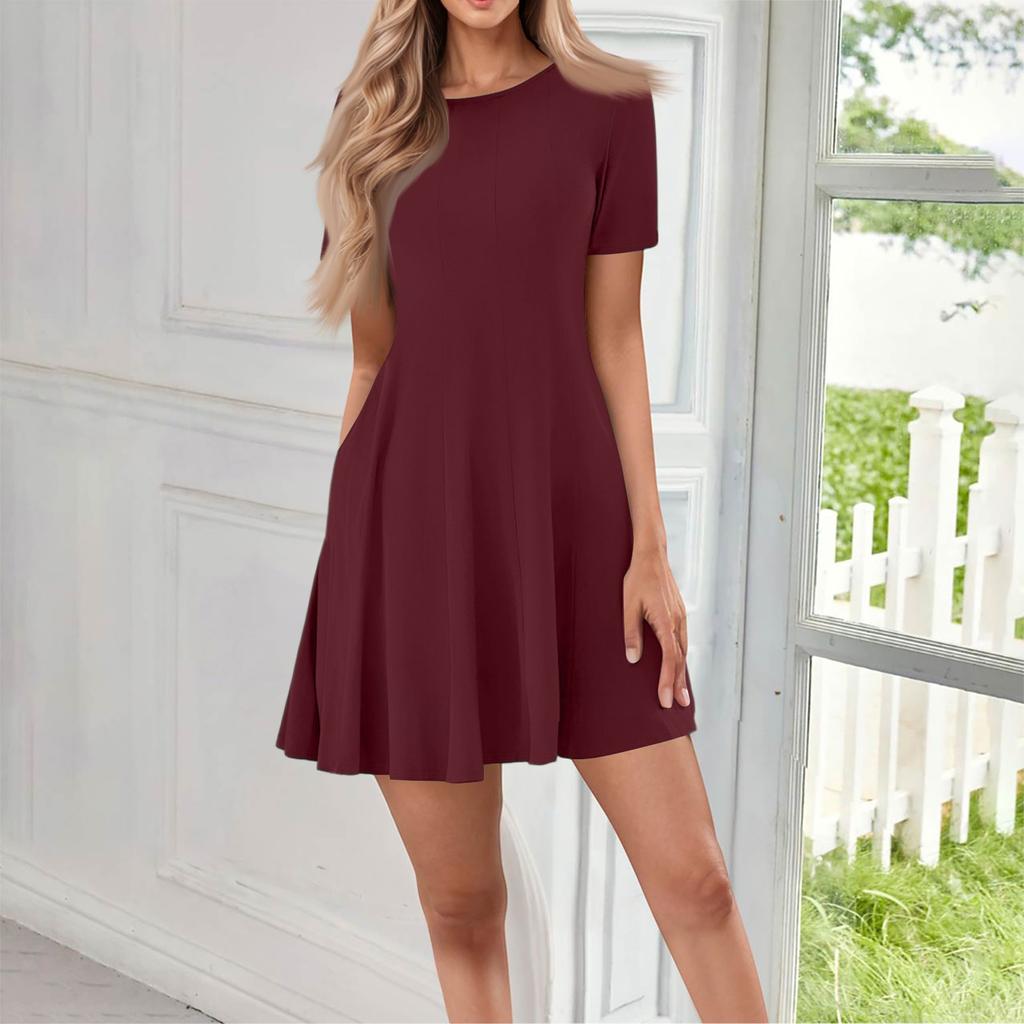 Abito Corto Casual da Donna alla Moda Girocollo Manica Corta Tinta Unita