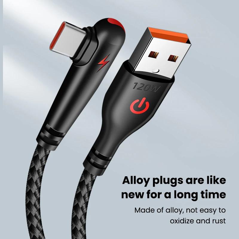 120W USB'den Type C Kablosuna 90 Derece Dirsek Cep Telefonu Hızlı Şarj Xiaomi Redmi Huawei Mate 40 30 Telefon Şarj Kablosu