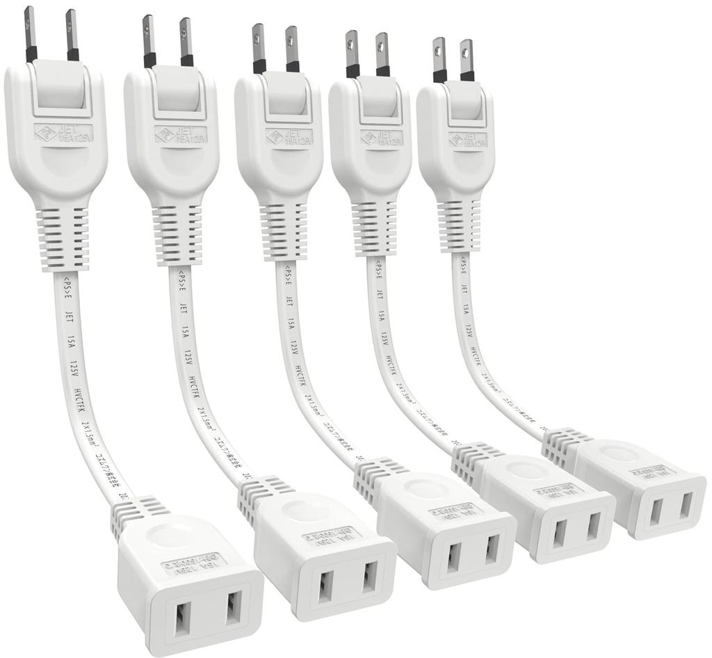 Short, 10cm White Extension Cord, Set of 5, 1 Outlet, 180-Degree Swing Plug, 15A 1500W Power Extension Cord, 0.1m, with Fire Prevention Insulation