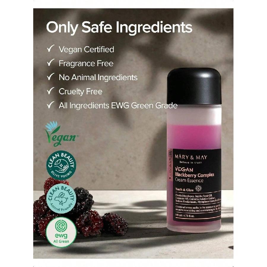 Mary&May Vegan Blackberry Complex Cream Essence 140ml - Intense Hydrating & Soothing Face Essence - Fragrance-Free, Hypoallergenic, Deep Moisture