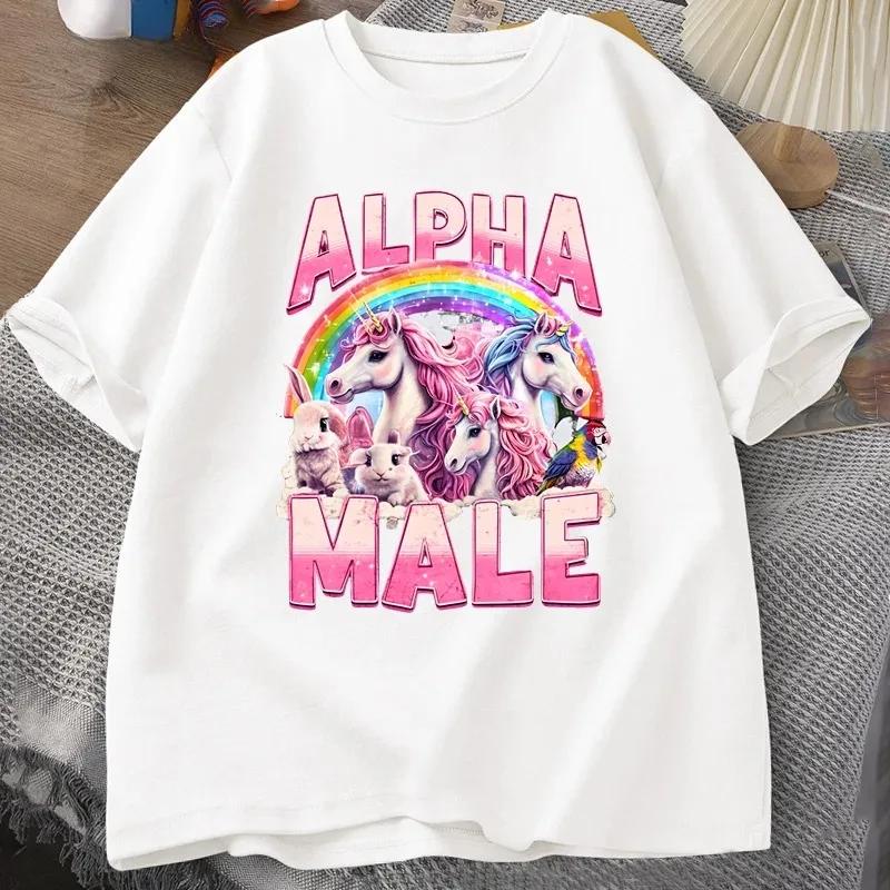 Lustiges Alpha-Männchen Einhorn Ironisch Vintage 90er T-Shirt Retro Regenbogen Unisex T-Shirt Seltsames Meme T-Shirt Grafik Damen T-Shirt Kleidung
