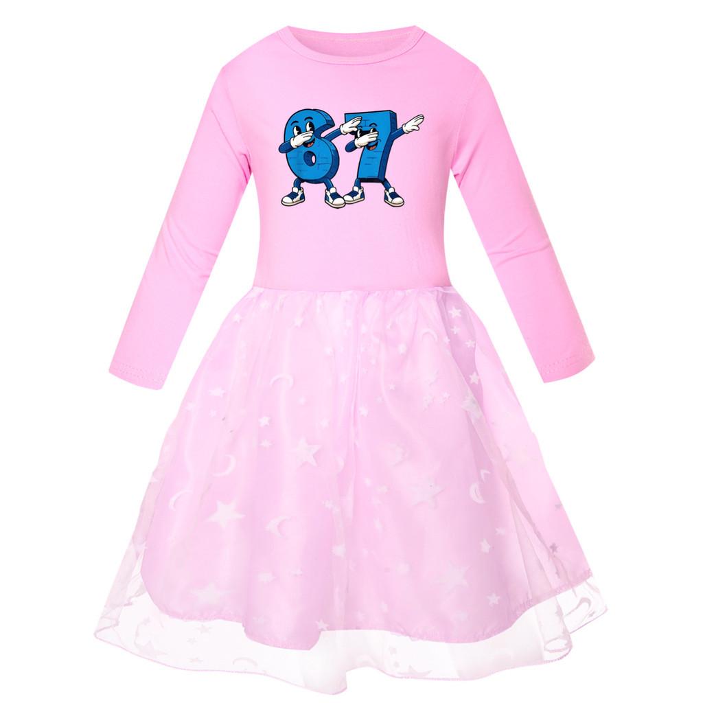 5226 Kids Girls Steal a Brainrot 67 Six Seven Print Mesh Rainbow Round Neck Casual Casual Cotton Dress