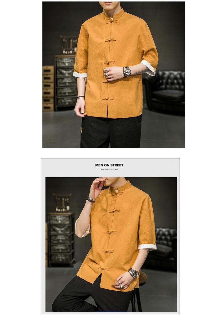 Men’s Summer Ice Silk Chinese Buttoned Short-Sleeve Tang Suit Shirt, Cotton-Linen Hanfu Zhongshan Retro Style