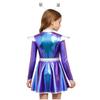 Girls Halloween Alien Costume Long Sleeve Zip Up A Line Dress Belt Hair Hoop Shiny Metallic Robot Outer Space Costume for Party
