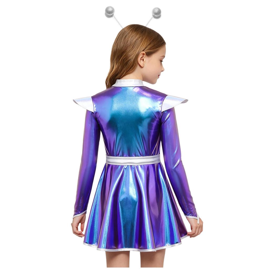 Girls Halloween Alien Costume Long Sleeve Zip Up A Line Dress Belt Hair Hoop Shiny Metallic Robot Outer Space Costume for Party