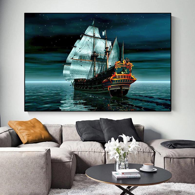 Sailing Boat Sunrise Canvas Painting Sea Night View Modular Landscape Posters and Prints Wall Art Pictures Home Decor No Frame