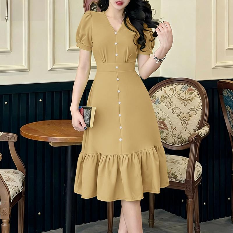 ZANZEA Women Casual V-Neck Short Sleeve Elegant Ruffles Hem Dress